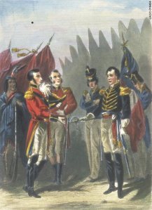 American General William Hull (in blue) surrenders his sword and Detroit to British General Isaac Brock (in red) on August 16th, 1812. Tecumseh looks on, in the background.
